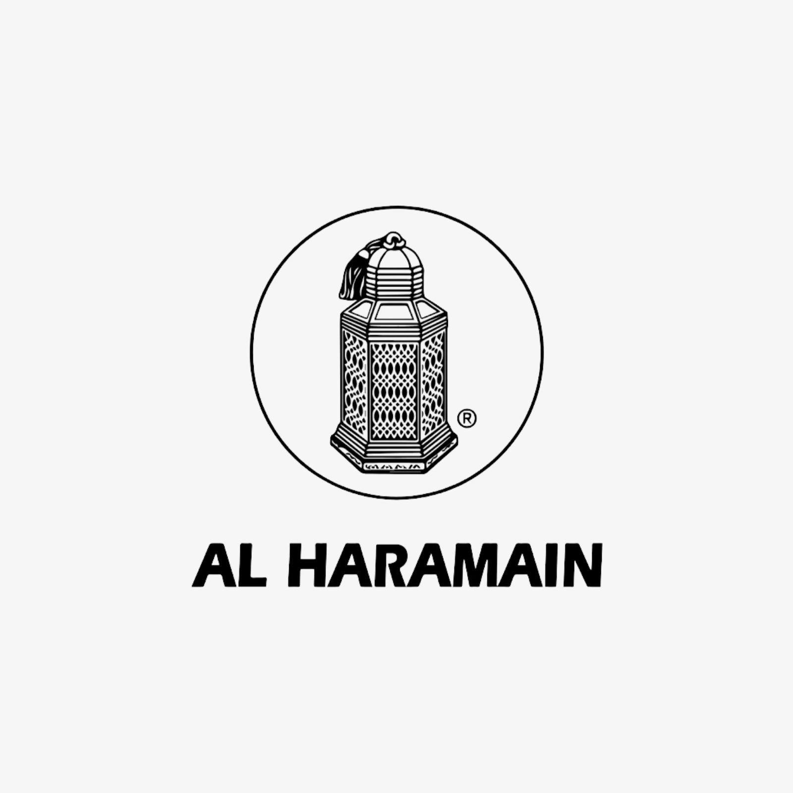 Schwarzes und weißes Logo einer traditionellen Laterne in einem Kreis, mit dem Text AL HARAMAIN in fetten Großbuchstaben unter dem Kreis.