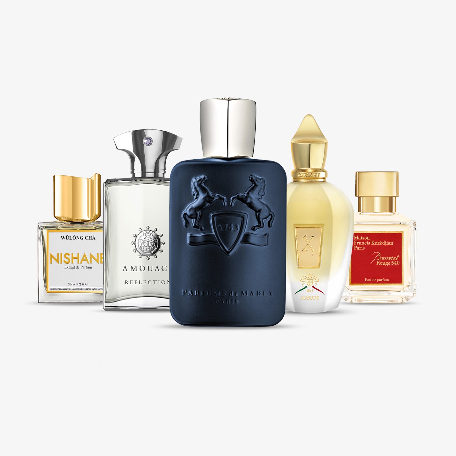 Nischendüfte Parfumproben Bundle mit Nishane Wulong Cha, Amouage Reflection, Parfums de Marly Layton, Xerjoff Naxos und MFK Baccarat Rouge 540