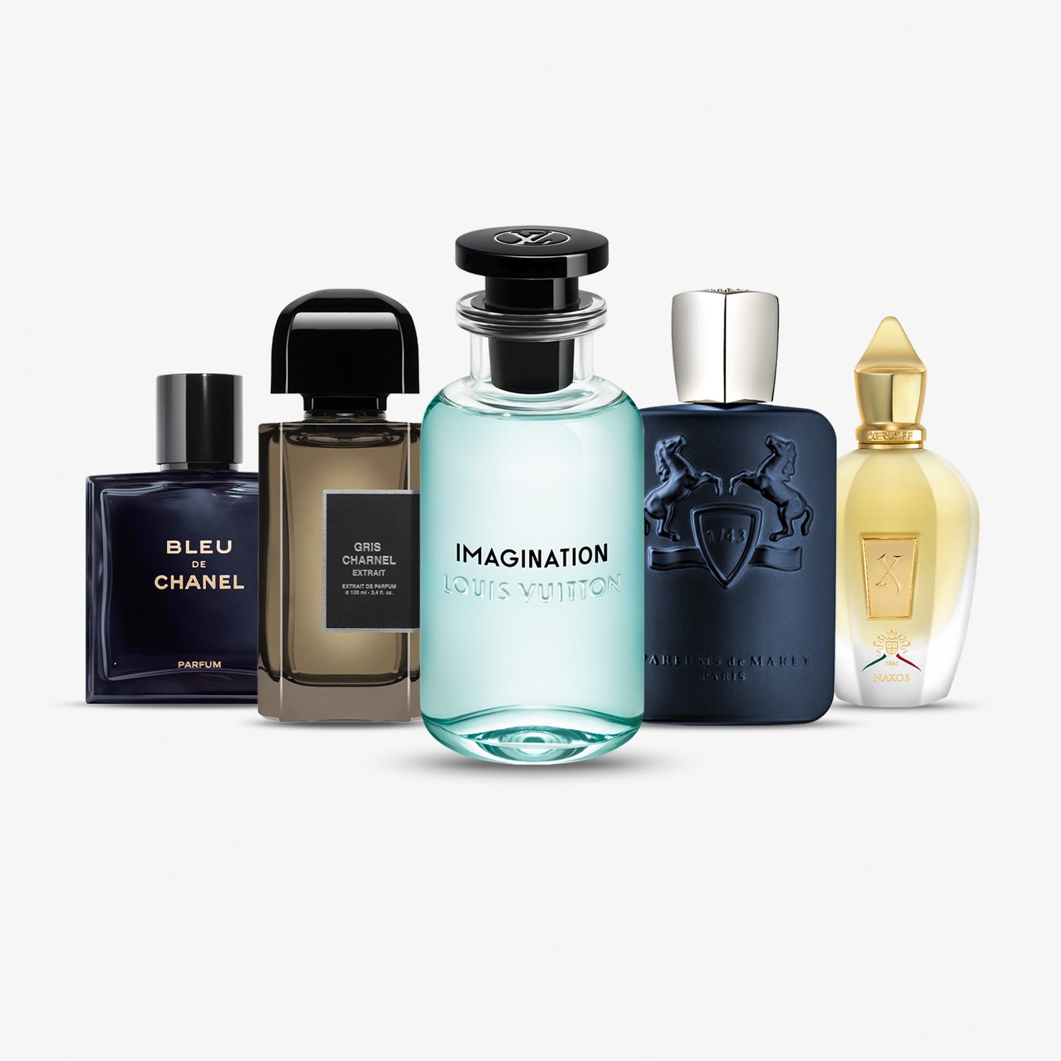 Signature Scent Parfumproben Bundle mit Bleu de Chanel Parfum, BDK Gris Charnel Extrait, Louis Vuitton Imagination, Parfums de Marly Layton und Xerjoff Naxos