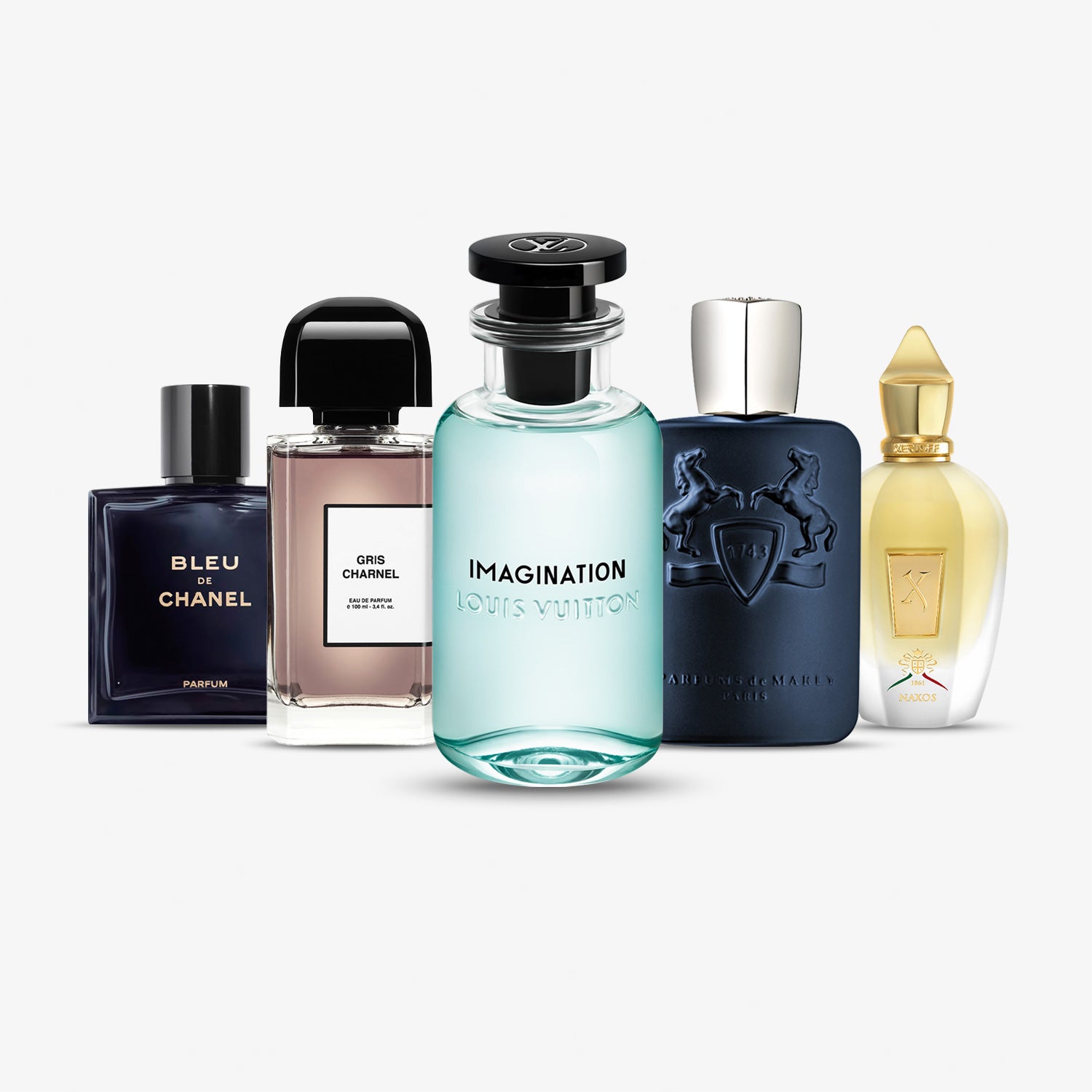 Signature Scent Parfumproben Bundle mit Bleu de Chanel Parfum, BDK Gris Charnel, Louis Vuitton Imagination, Parfums de Marly Layton und Xerjoff Naxos