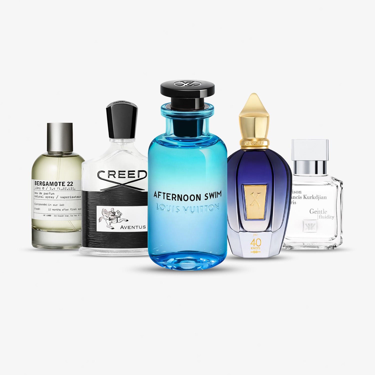 Frisches Parfumproben Bundle mit Le Labo Bergamote 22, Creed Aventus, Louis Vuitton Afternoon Swim, Xerjoff 40 Knots und MFK Gentle Fluidity Silver